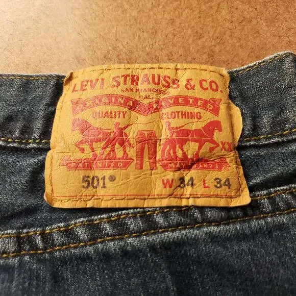 Levi's 501 Jeans Mens 34x34 Blue Dark Wash Faded Straight Classic Denim Rugged - Picture 10 of 12